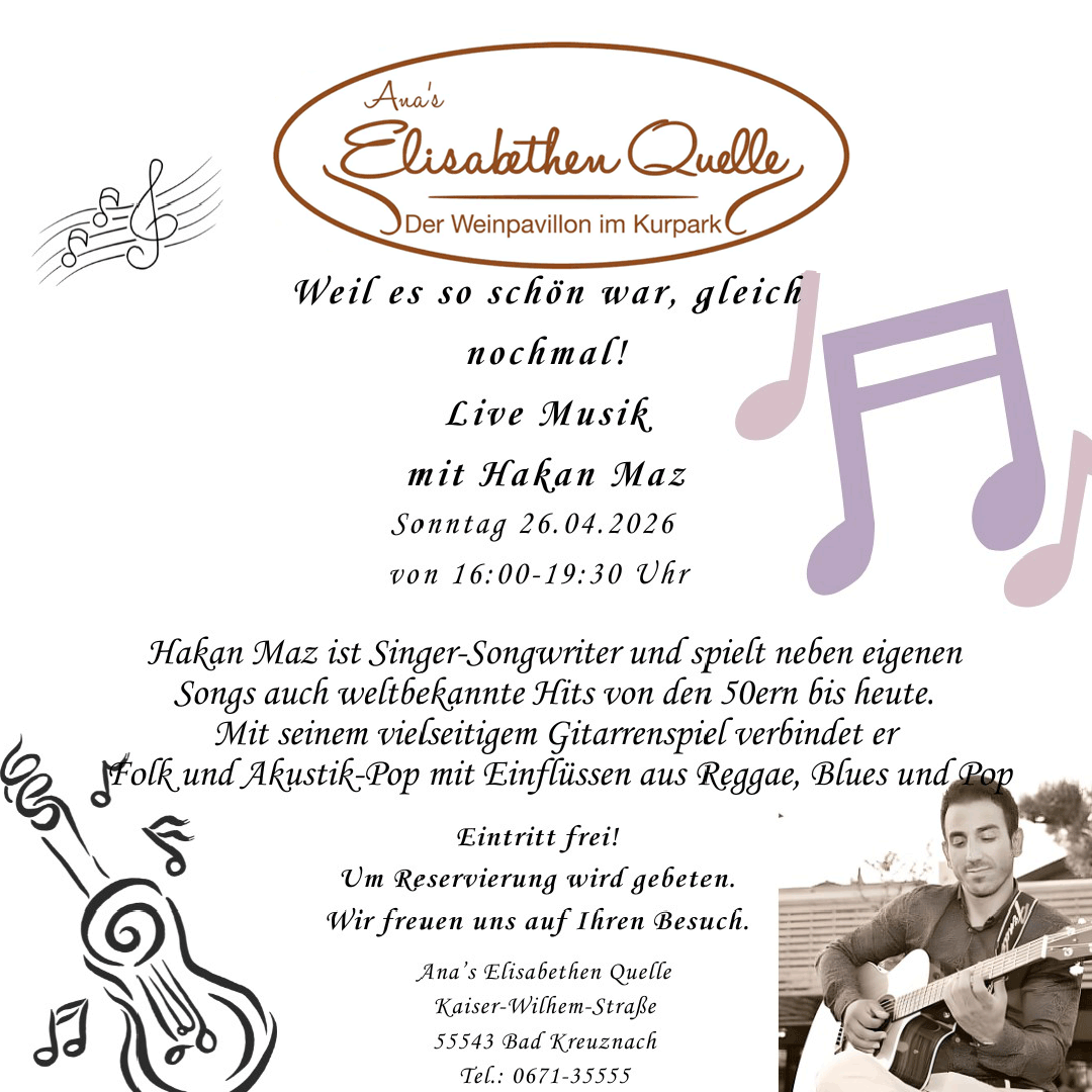 Live Musik mit Hakan Maz am 26.04.2026, Eintritt frei