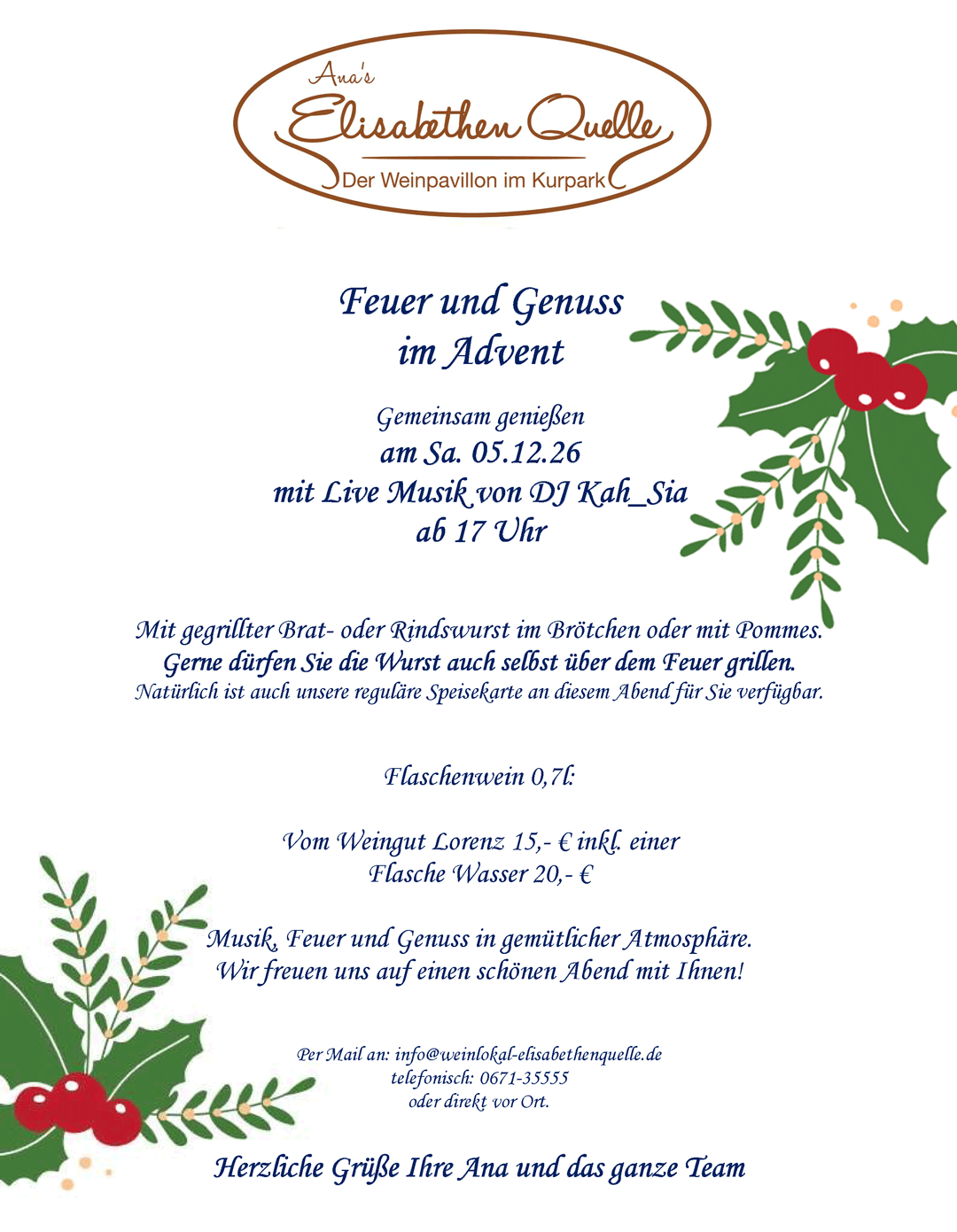 Feuer und Genuss im Advent, Samstag 05.12.2026, gegrillte Bratwurst & Rindswurst mit Brötchen oder Pommes. Weingut Lorenz, Weingut Jakob Schneider. Musikalische Unterhaltung.