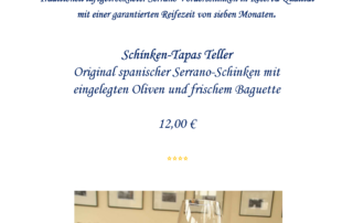 Schinken-Tapas Teller. Traditionell luftgetrockneter Serrano Vorderschinken in Reserva-Qualität mit einer garantierten Reifezeit von sieben Monaten.