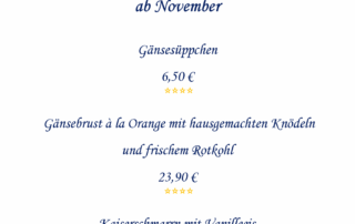 Gänsesüppchen, Gänsebrust à la Orange mit hausgemachten Knödeln und frischem Rotkohl, Kaiserschmarrn mit Vanilleeis oder Apfelmus