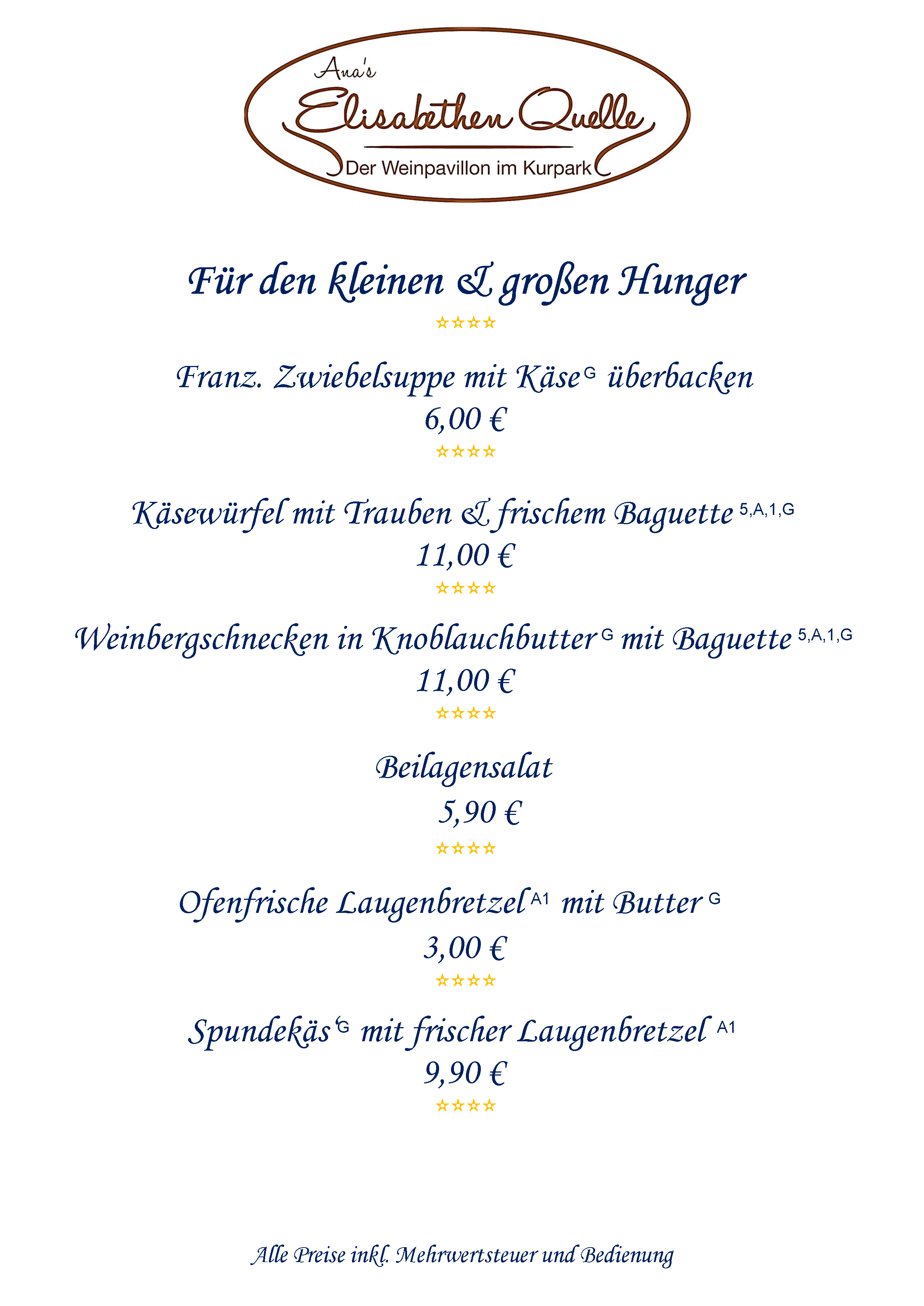 Franz. Zwiebelsuppe mit Käse, Käsewürfel mit Trauben, Weinbergschnecken in Knoblauchbutter, Spundekäs mit frischer Laugenbretzel