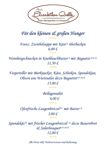 Franz. Zwiebelsuppe mit Käse, Weinbergschnecken in Knoblauchbutter, Vesperteller mit Bierknacker Käse Schinken, Spundekäs mit frischer Laugenbretzel