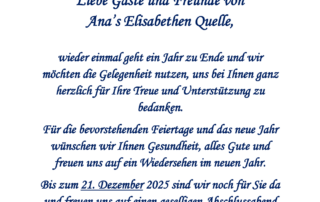 Bis zum 21. Dezember 2025 sind wir noch für Sie da und freuen uns auf einen geselligen Abschlussabend mit Musik, gutem Essen und natürlich mit Ihnen. Ab dem 05. Februar 2026 sind wir wieder für Sie da.